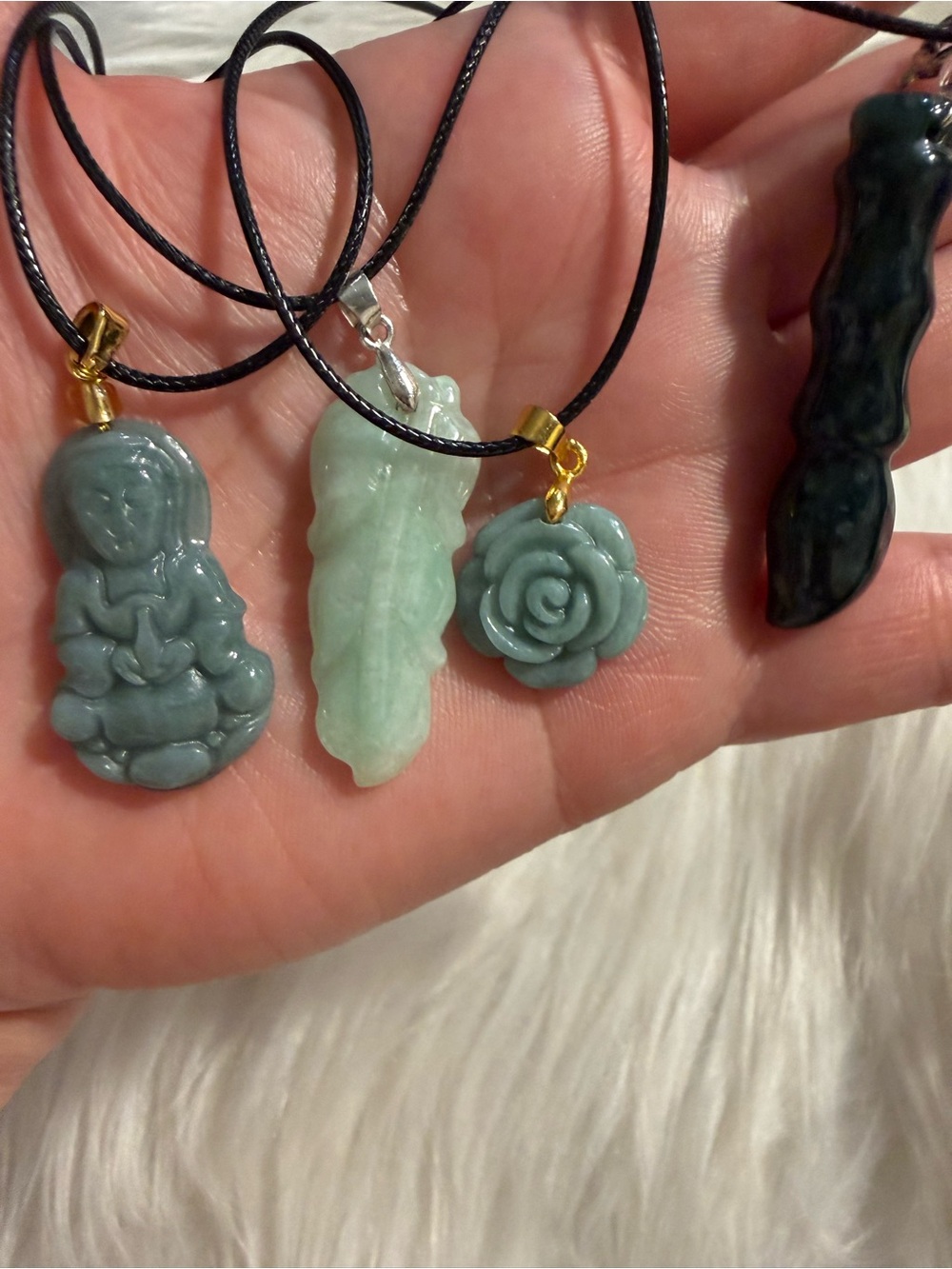 Green Jade Pendant Necklace - Floral & Figurine Carved Charms